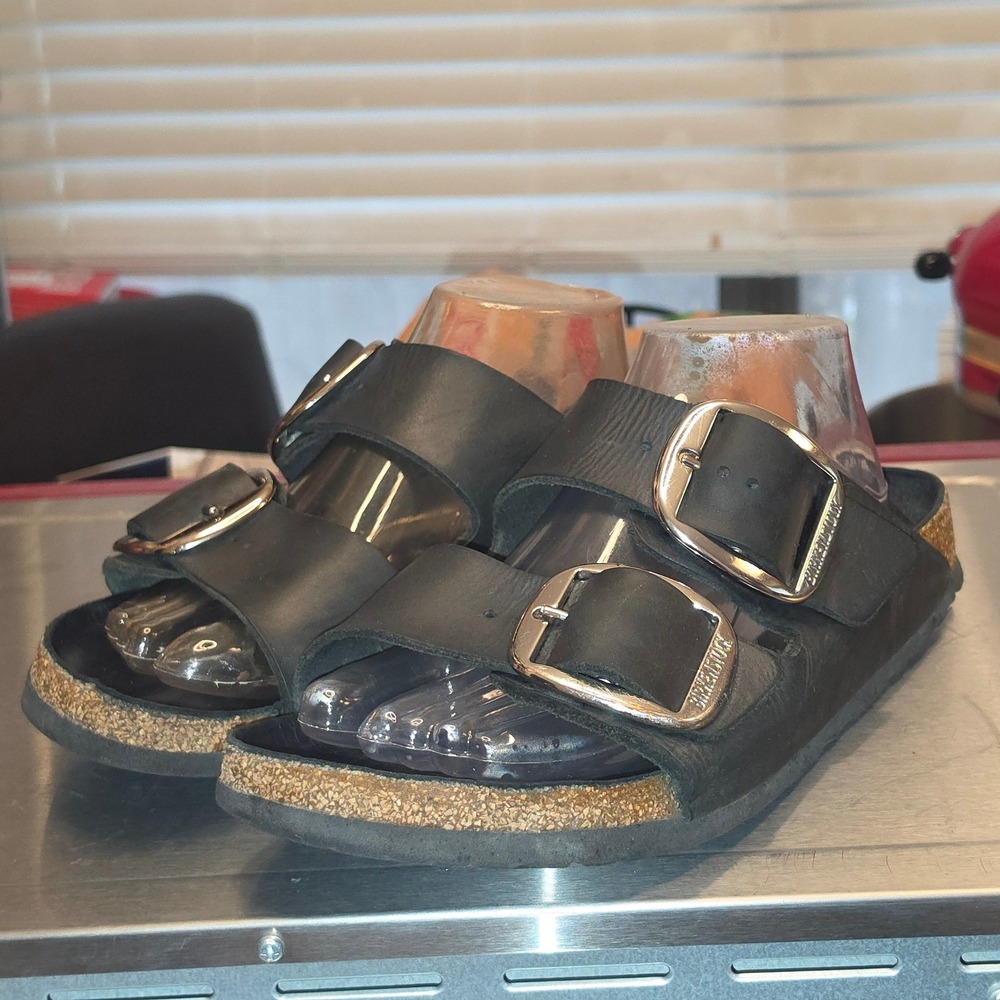 Birkenstock Arizona Big Buckle Black Oiled Leather Sandals Slides Silver Buckles